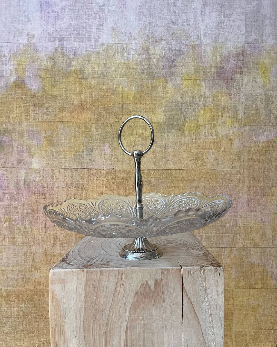 Vintage pressed glass and metal serving tray – 20th century