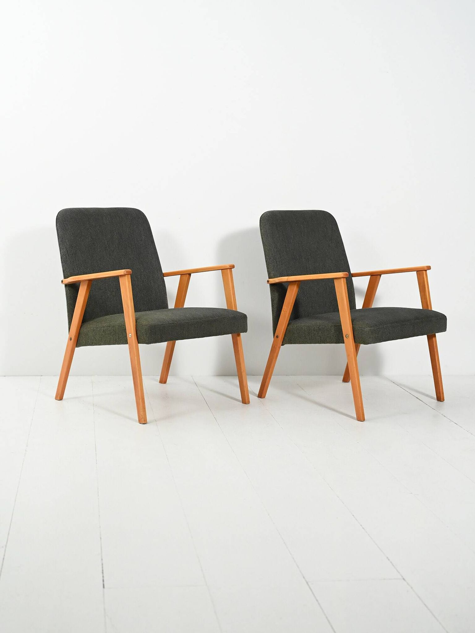 Pair of Beech Armchairs with grey upholstery