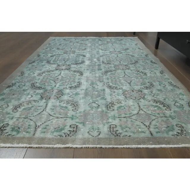 1970s vintage Turkish hand-knotted wool cotton green area rug 196x224
