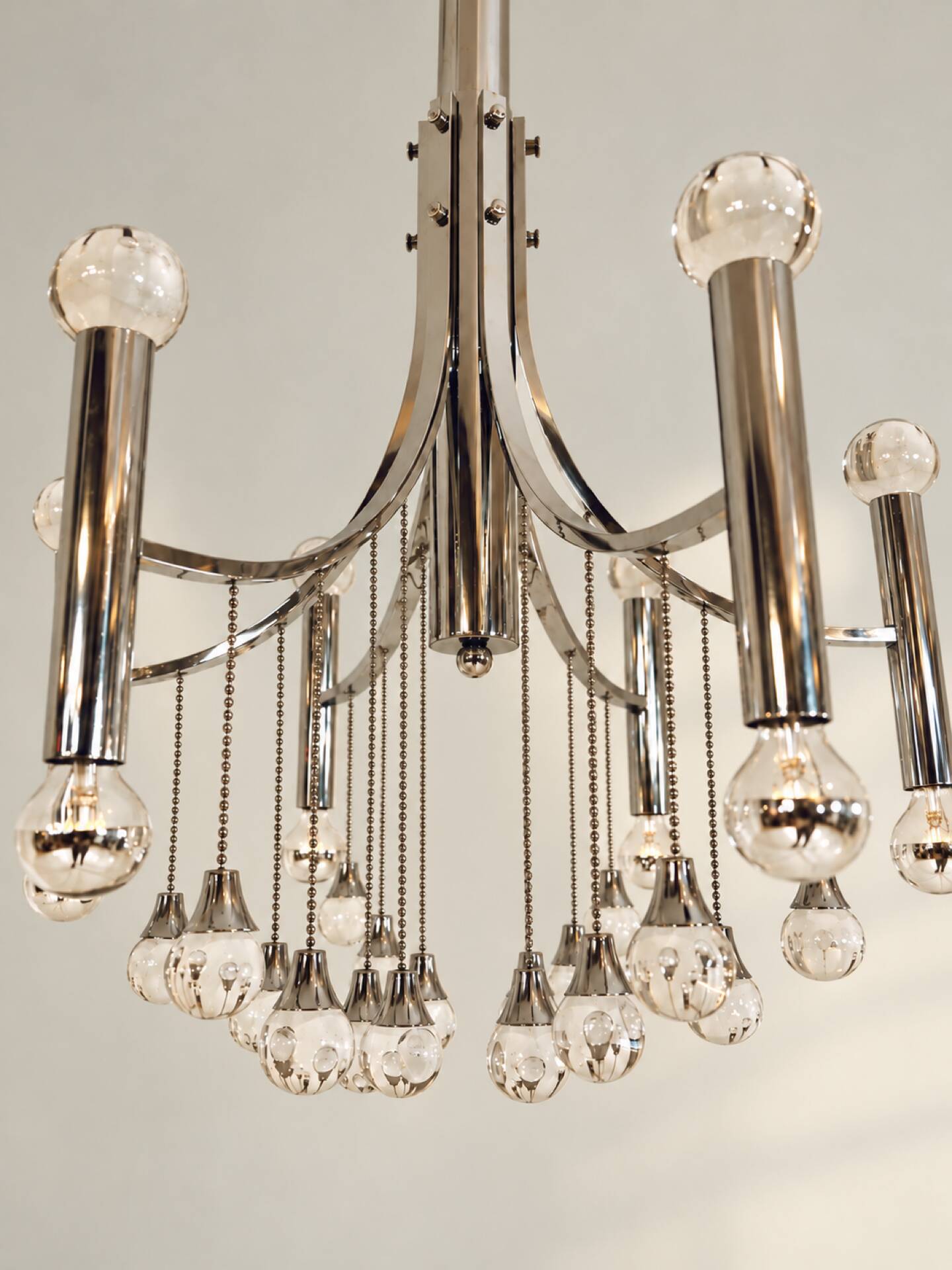 Chrome and crystal chandelier attributed to Gaetano Sciolari, Italy, 1970s.