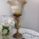 Table lamp with brass base, grooved transparent globe, vintage
