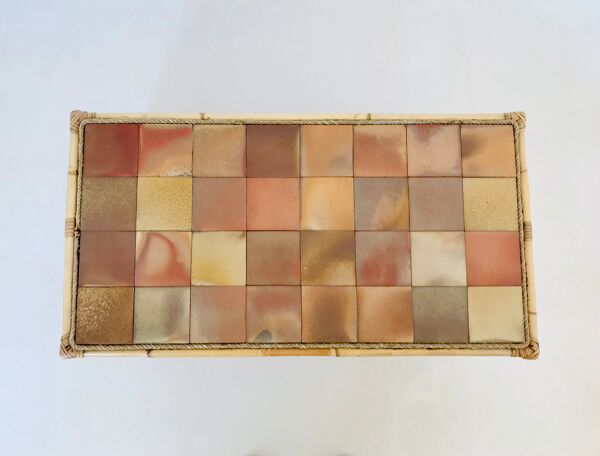 Table basse en rotin et carreaux céramique, France années 60