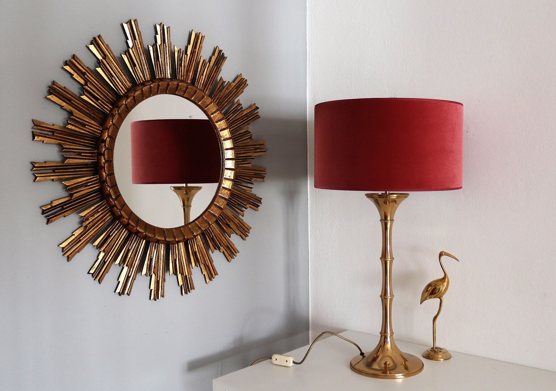 Brass bamboo table lamp by Ingo Maurer with velvet lampshade, 1960