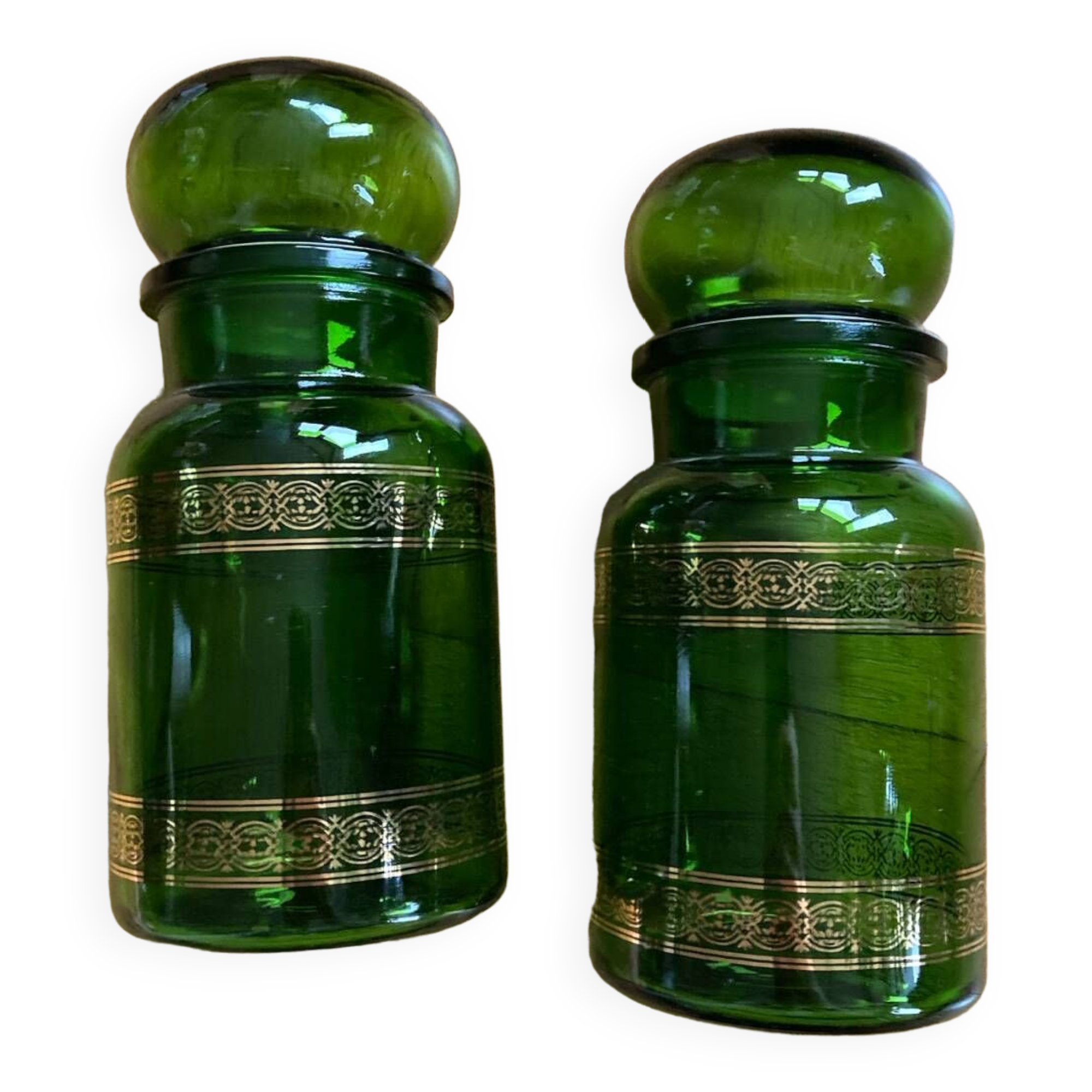 Vintage golden green apothecary jars