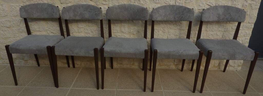5 chaises de style scandinave en bois massif et velours gris, années 60