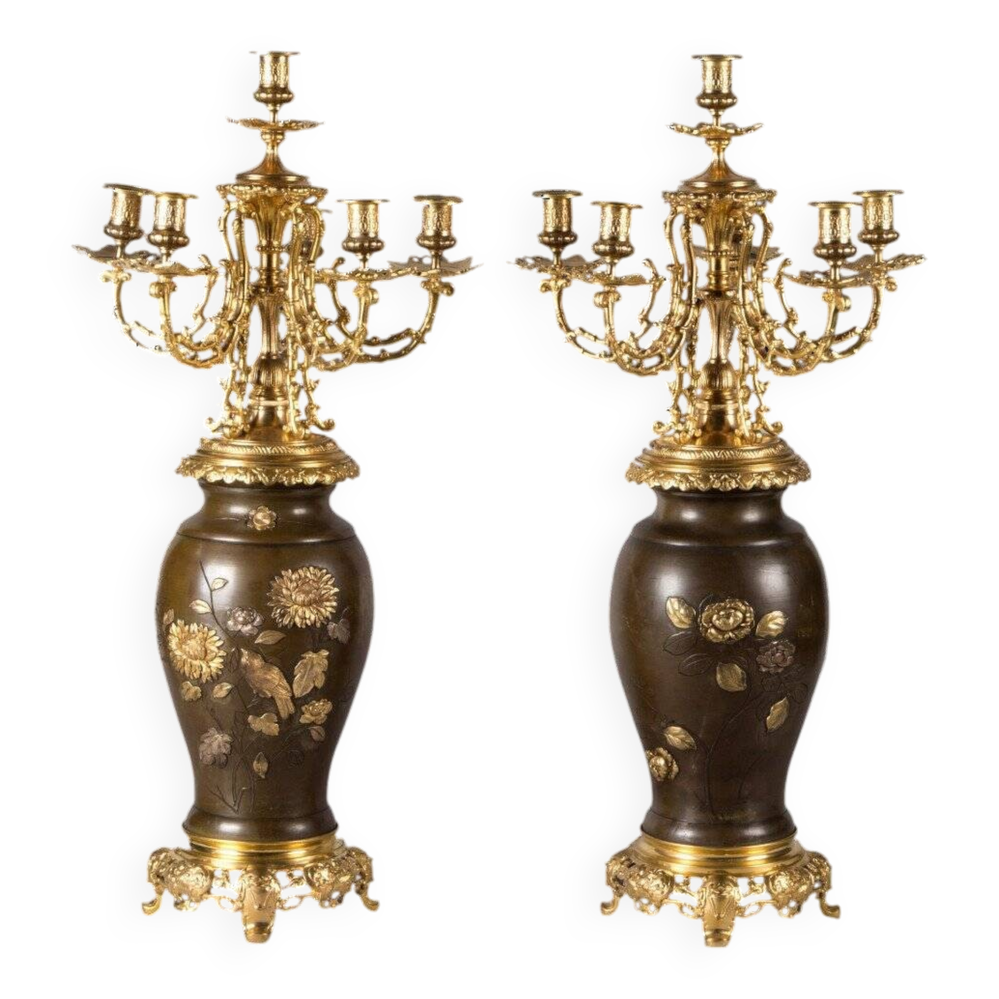 Pair of Japanese Candelabra - Meiji Base with Shakudo Decoration