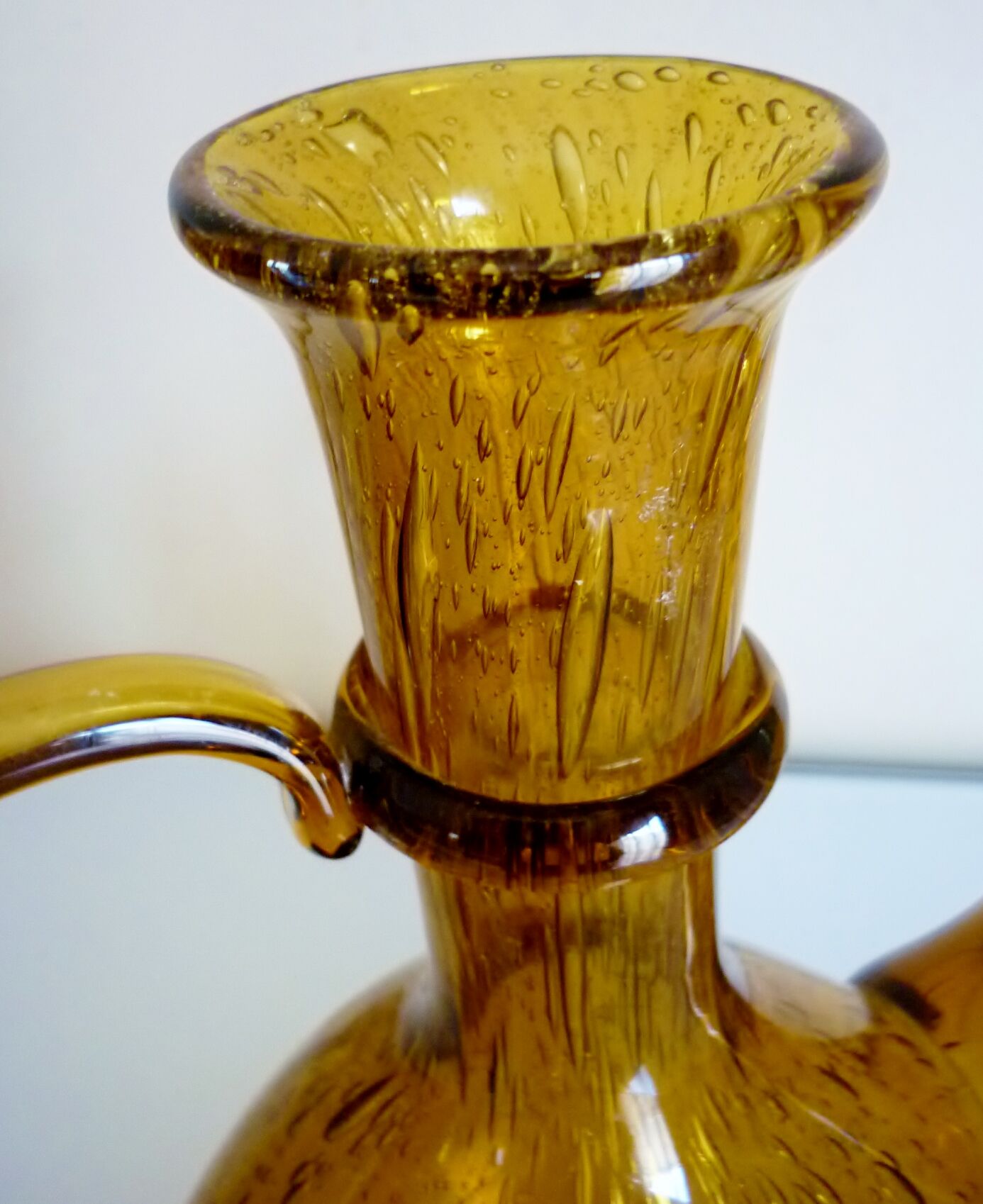 Blown glass carafe from Biot, amber, bubbled, vintage 70s