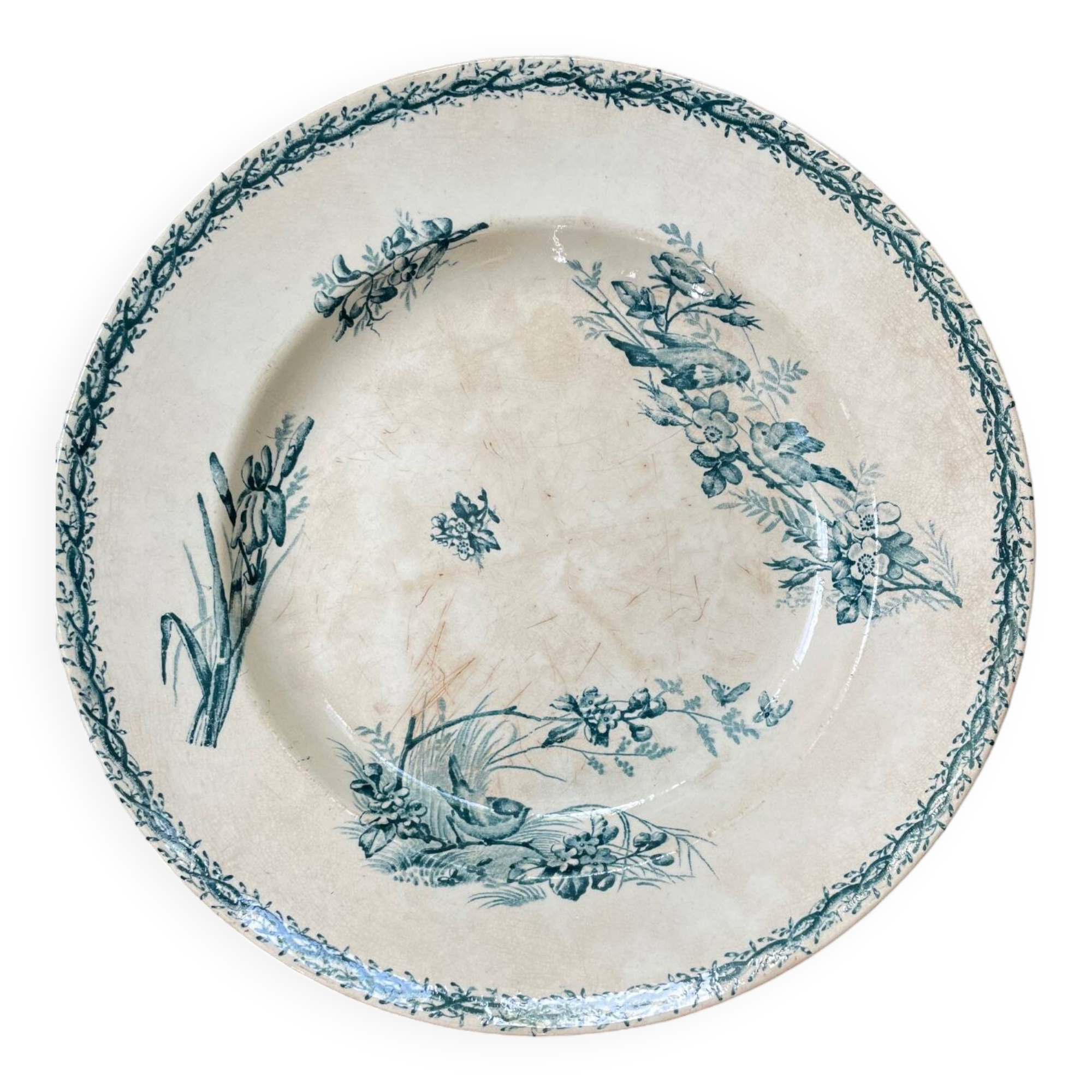 Large ironstone dish "with a basket of flowers" 132 bd magenta