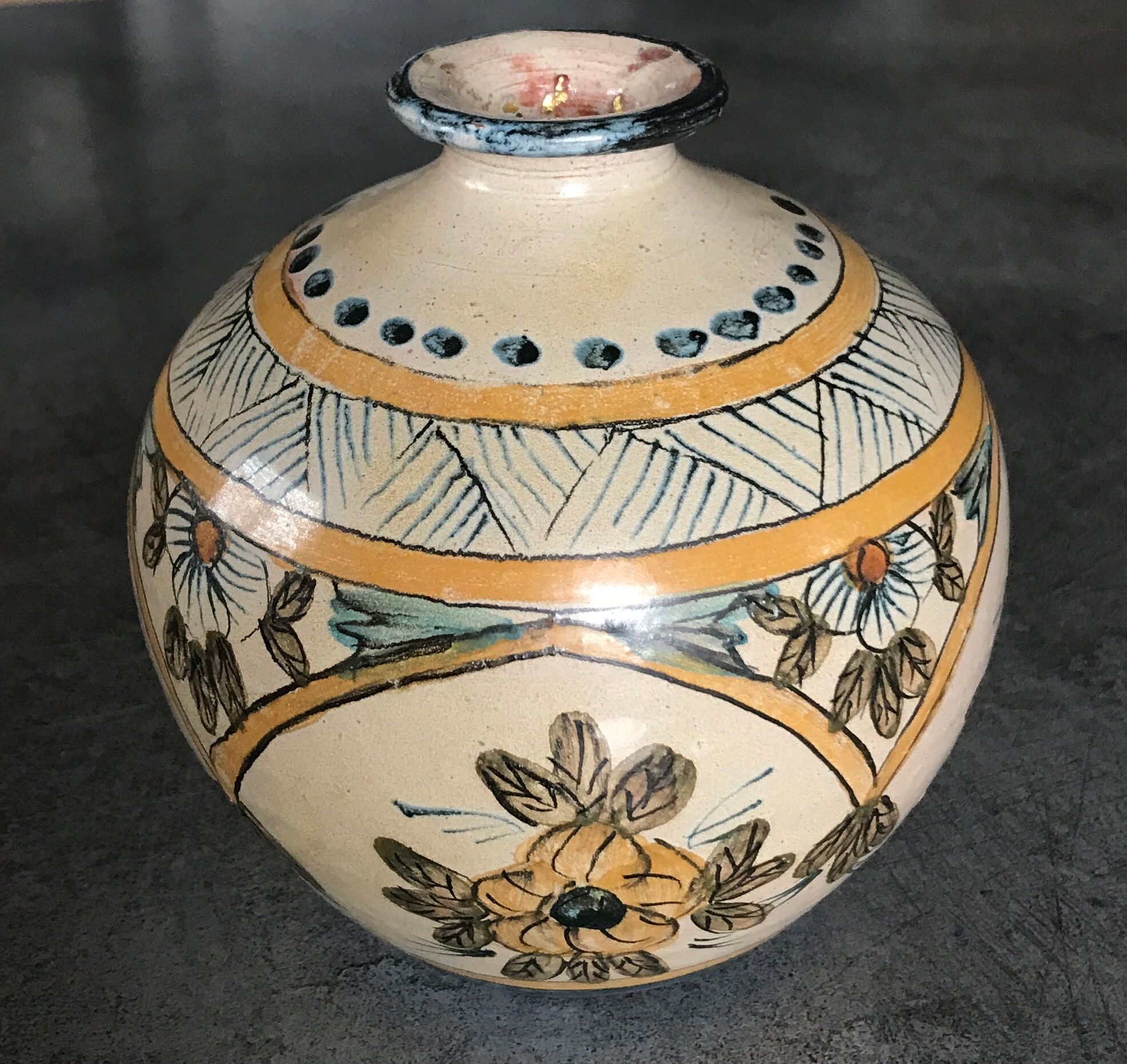 Vintage vase shaped terracotta ball with handheld paint decoration polychrome signed