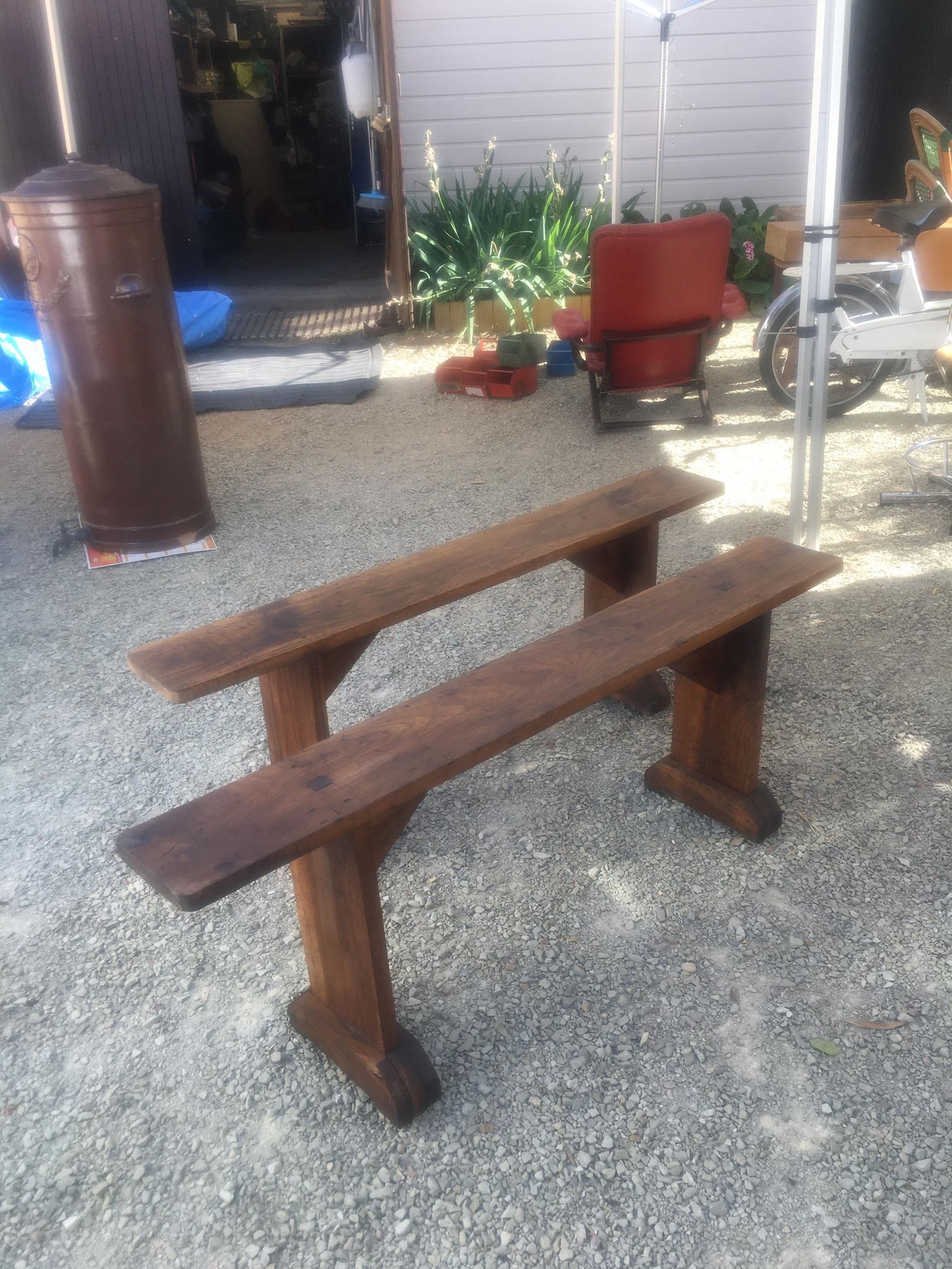 Pair of farm benches in rustic oak