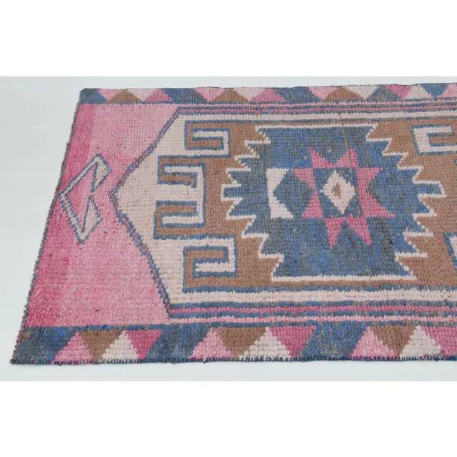 1970s Vintage Turkish Oushak Handmade Wool Cotton Pink Runner Rug 89x299