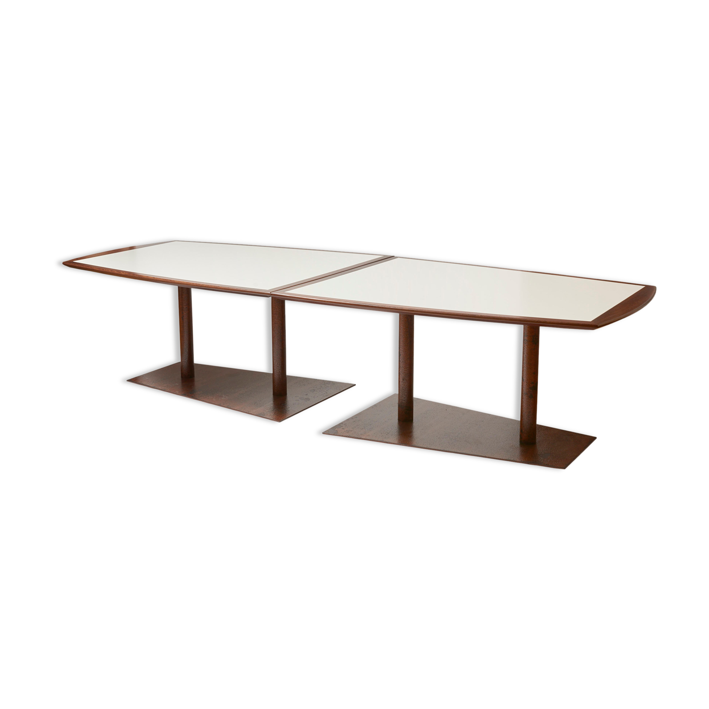 Brutalist conference table made of wood and steel