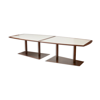 Brutalist conference table made of wood and steel