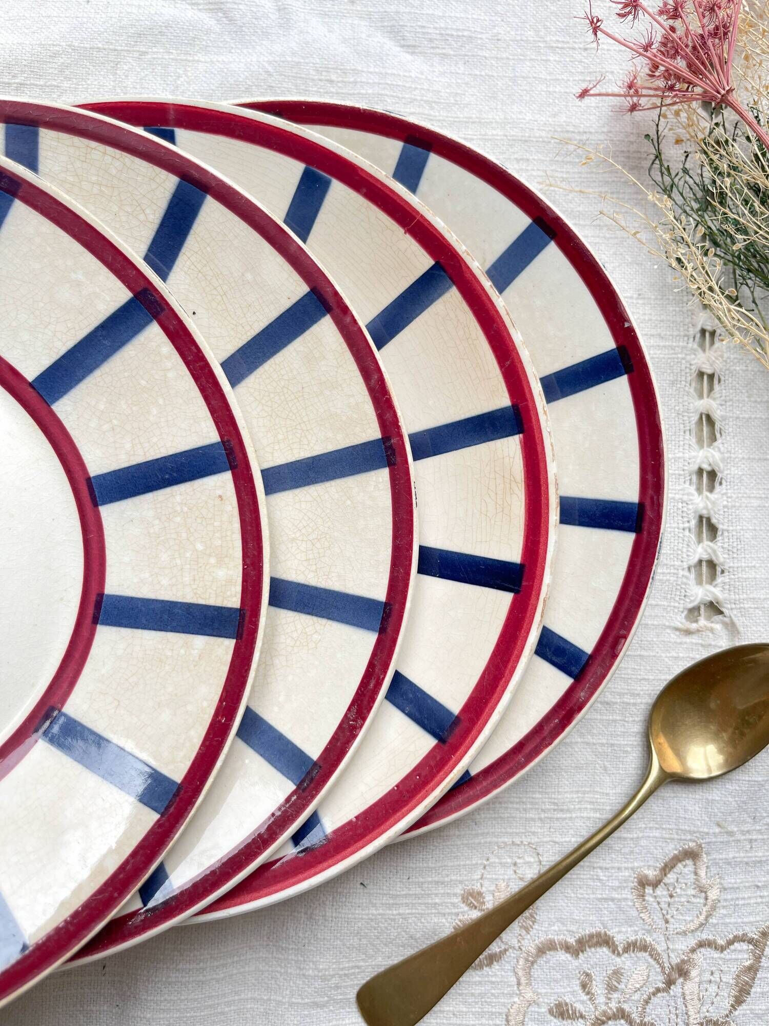 5 Small Vintage French Plates Terre de Fer HBCM Béarn blue and red stripes