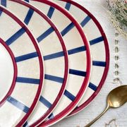5 Small Vintage French Plates Terre de Fer HBCM Béarn blue and red stripes