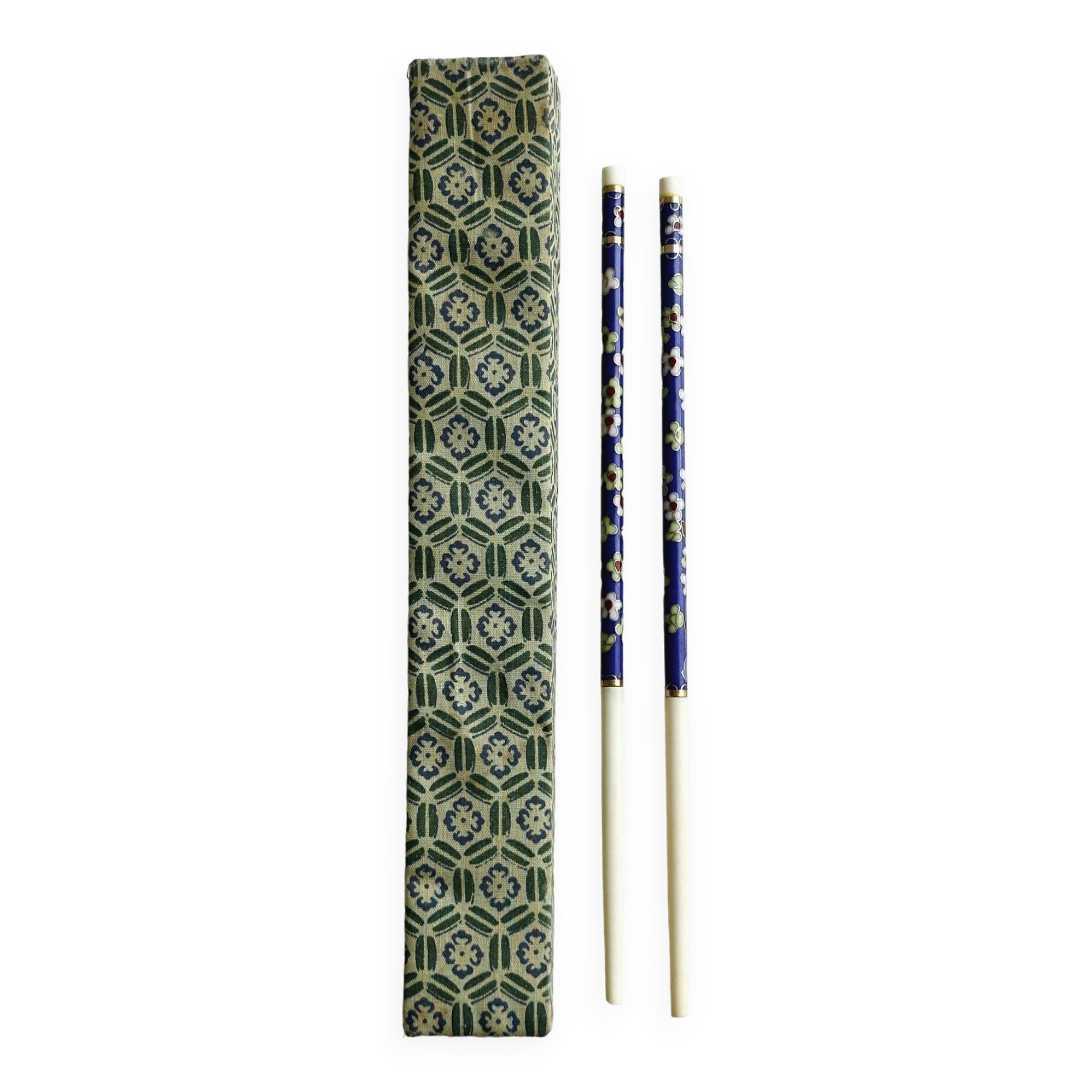 Blue chopsticks decorated with floral motifs.