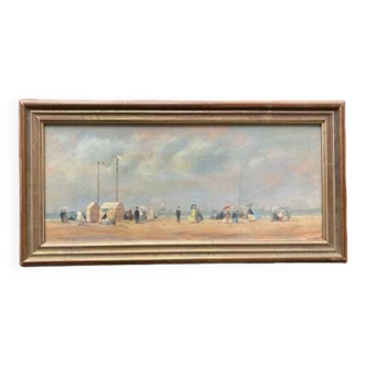 Tableau ancien - Scène de plage en Normandie - XIXe