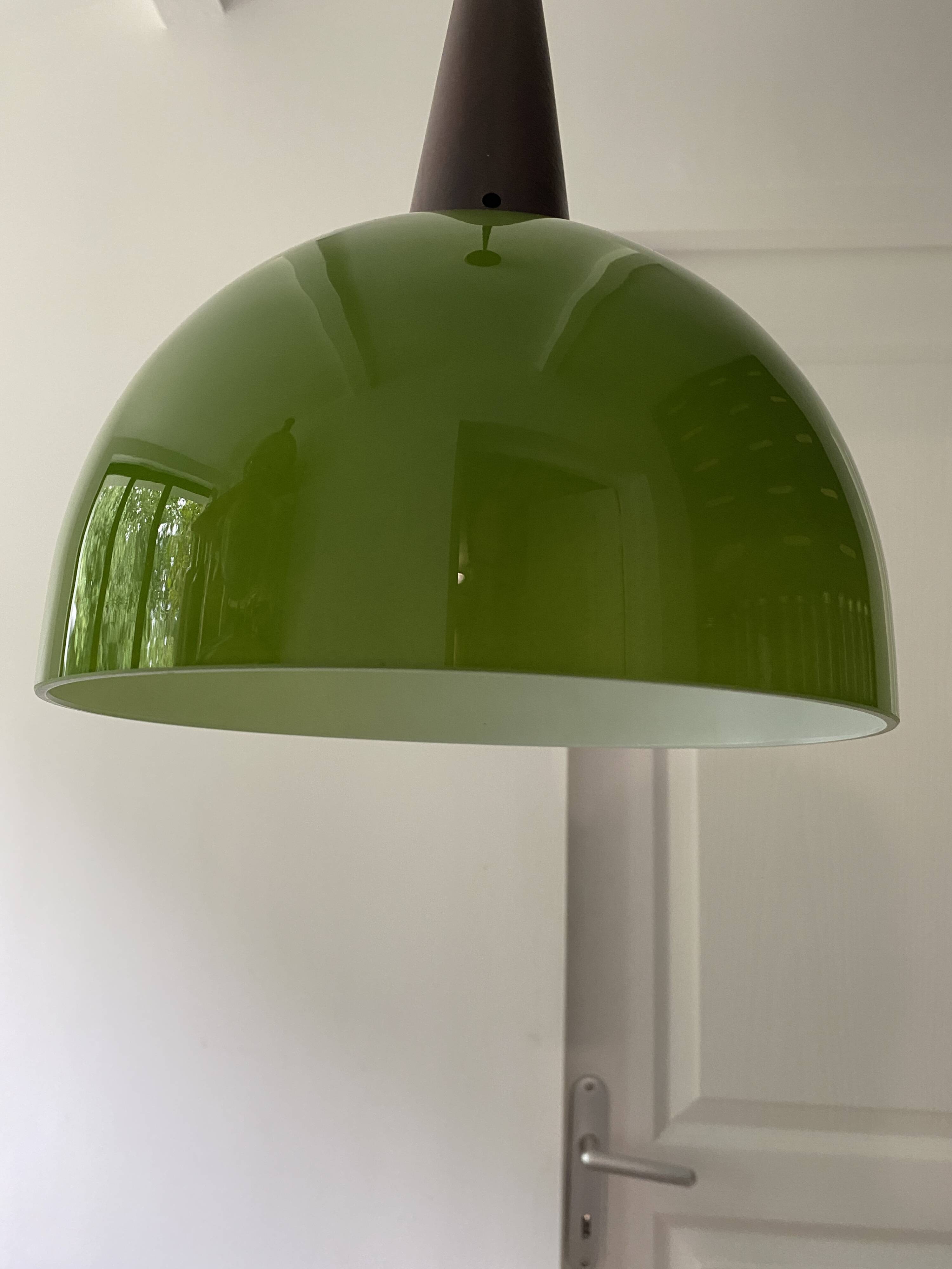 Vintage half globe pendant light in green opaline, imitation teak elements, 50s/60s