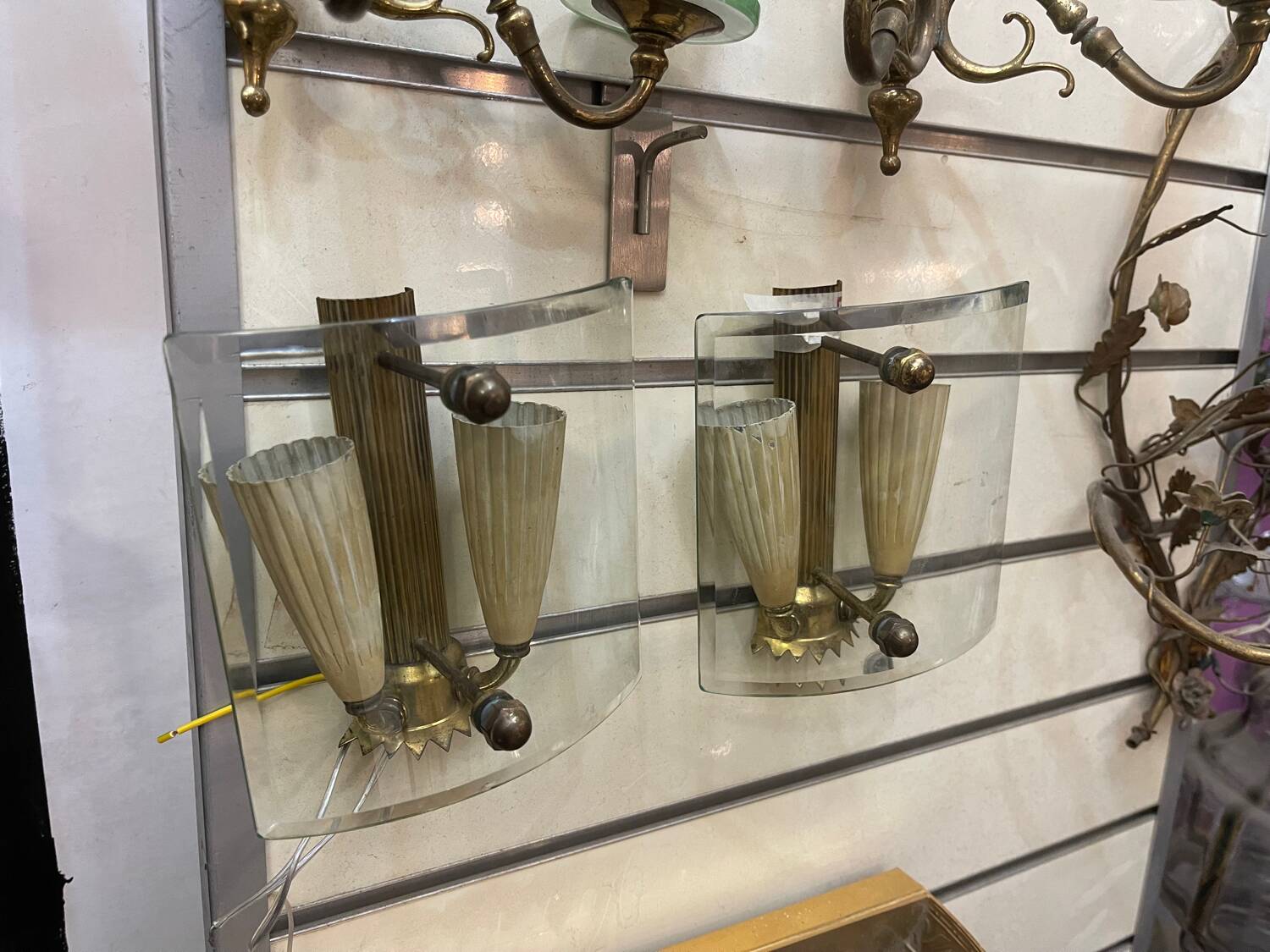 Brass Glass Sconces in a Fontana Arte  style