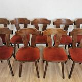 Lot of 10 Vintage Tyrolean Dine Chairs with Red Fabric Seat / Original Mundus Wooden Cottage