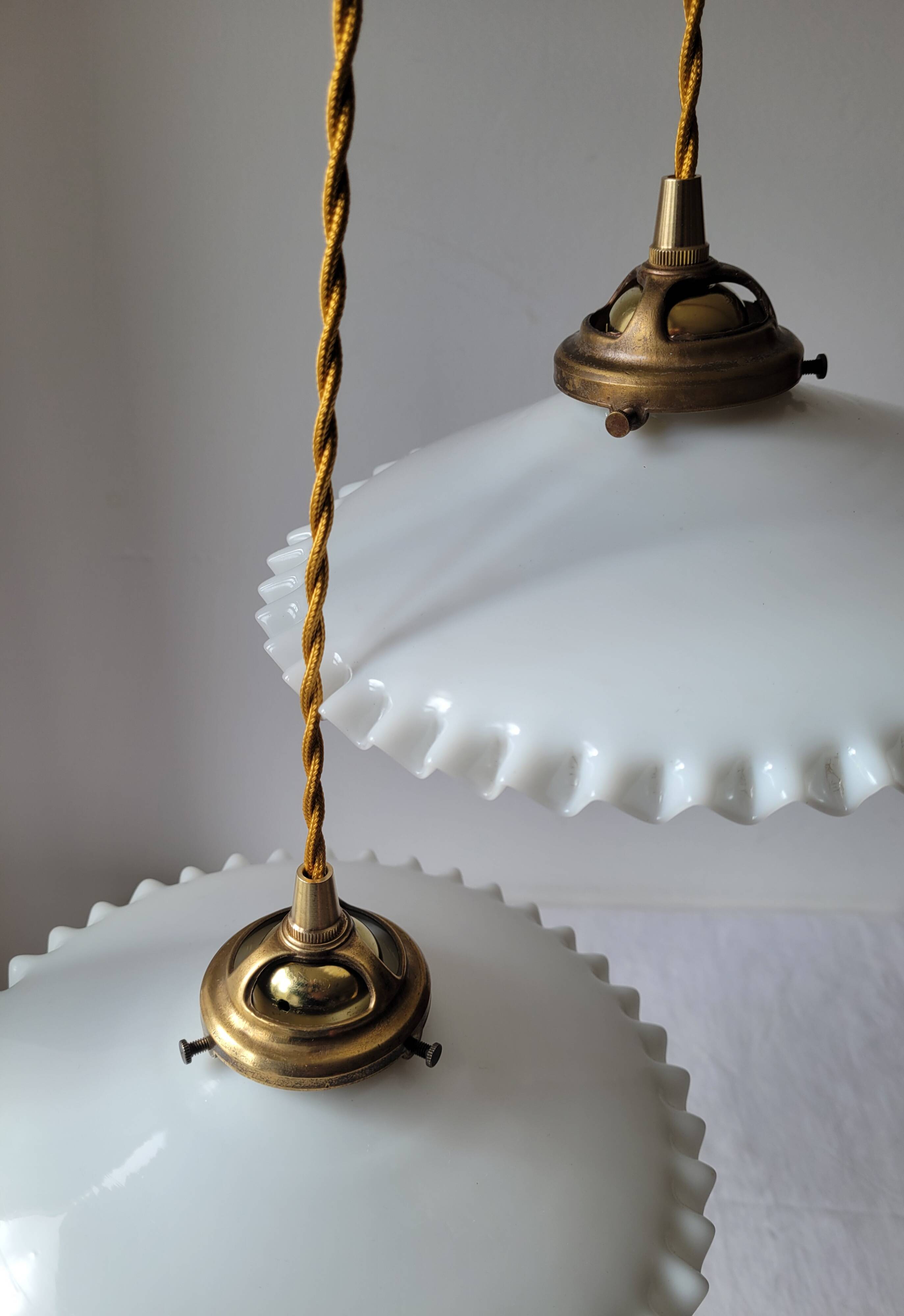 Duo of white opaline pendant lights