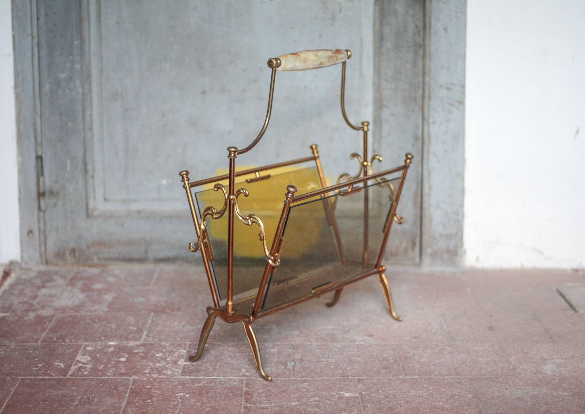 vintage magazine rack, brass and smoked glass magazine rack, newspaper, magazine