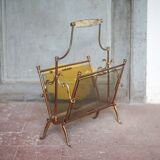 vintage magazine rack, brass and smoked glass magazine rack, newspaper, magazine