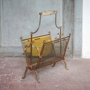 vintage magazine rack, brass and smoked glass magazine rack, newspaper, magazine
