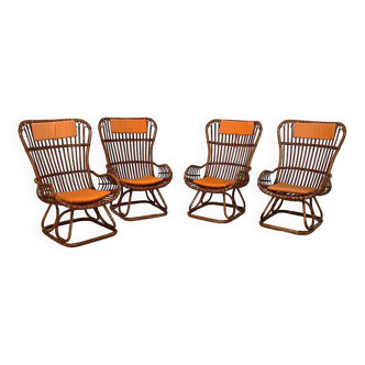 Italian Designer Mid Century Bamboo Armchairs, Set Of 4pcs.