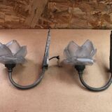 Paire ancienne applique art déco bronze argenté + tulipe verre vintage
