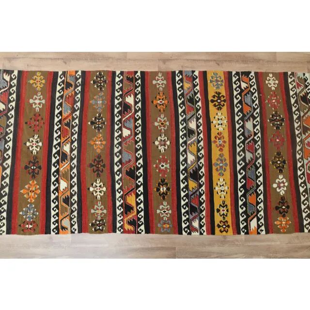 Tapis Kilim coloré en laine et coton fait main turc vintage des années 1970 98x405