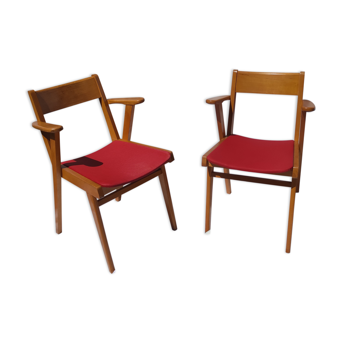 Pair of wooden armchairs and skaï foot compass of the 50s