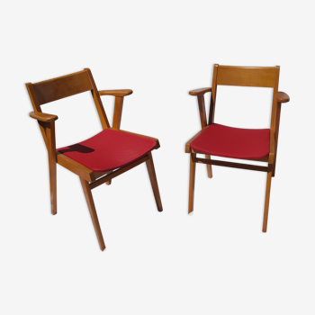 Pair of wooden armchairs and skaï foot compass of the 50s