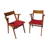 Pair of wooden armchairs and skaï foot compass of the 50s
