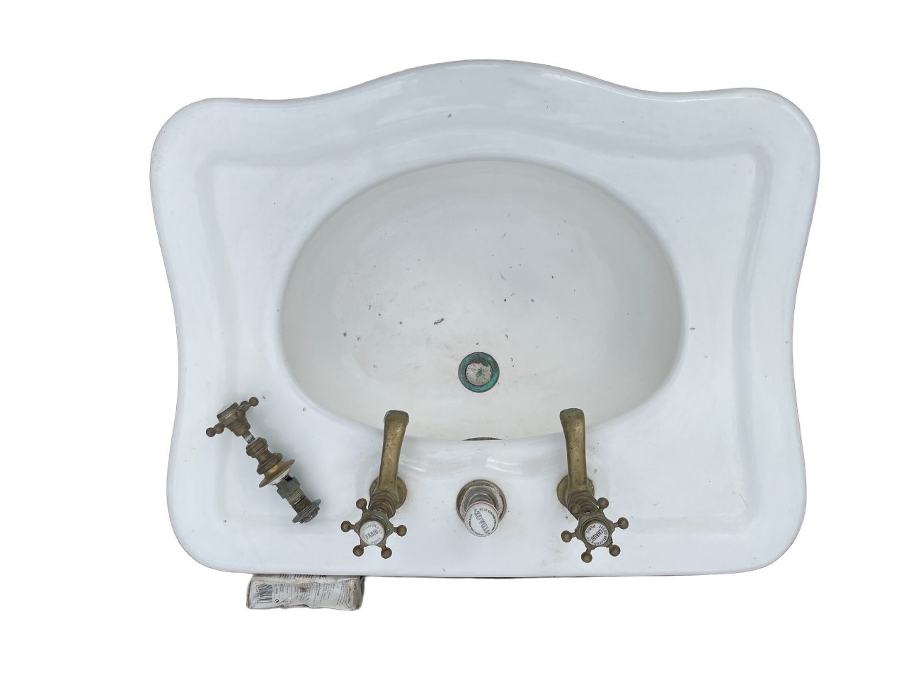 Ancien Lavabo En Céramique Blanche Sur Son Support - Vintage