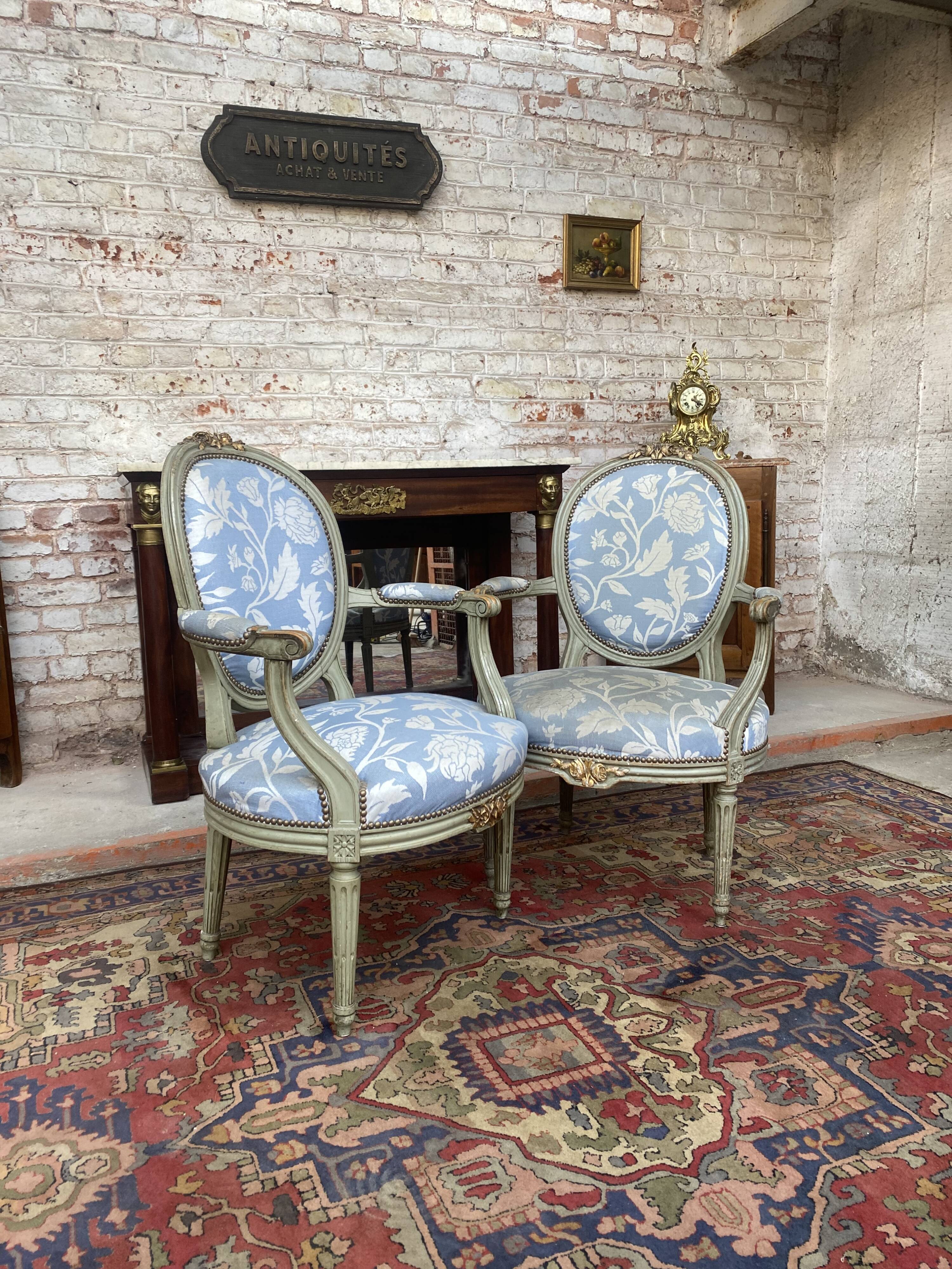 Pair of armchairs medallion in lacquered wood style louis xvi xix eme century