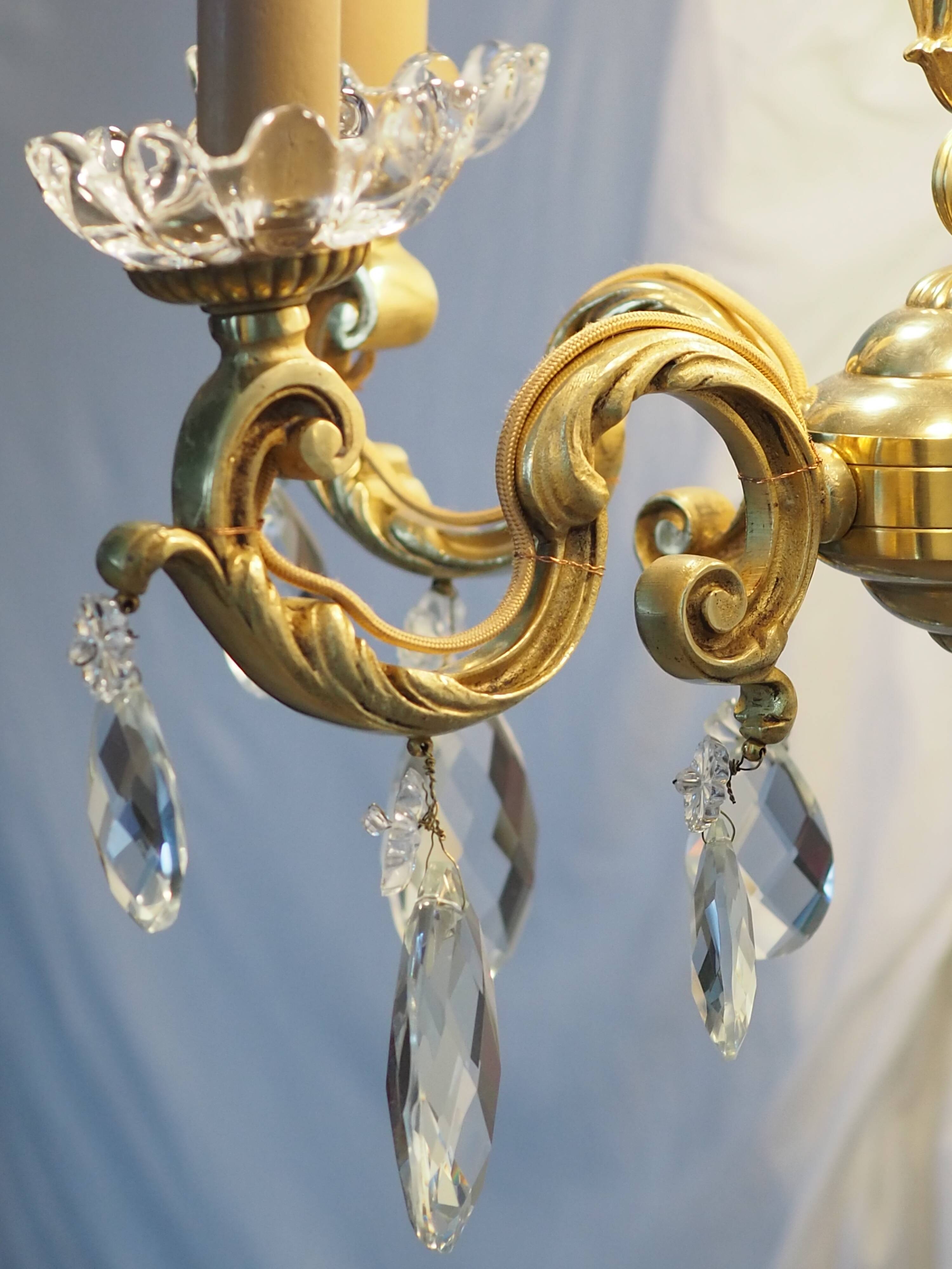 Solid bronze chandelier with crystal pendants and candle holders - Lucien GAU