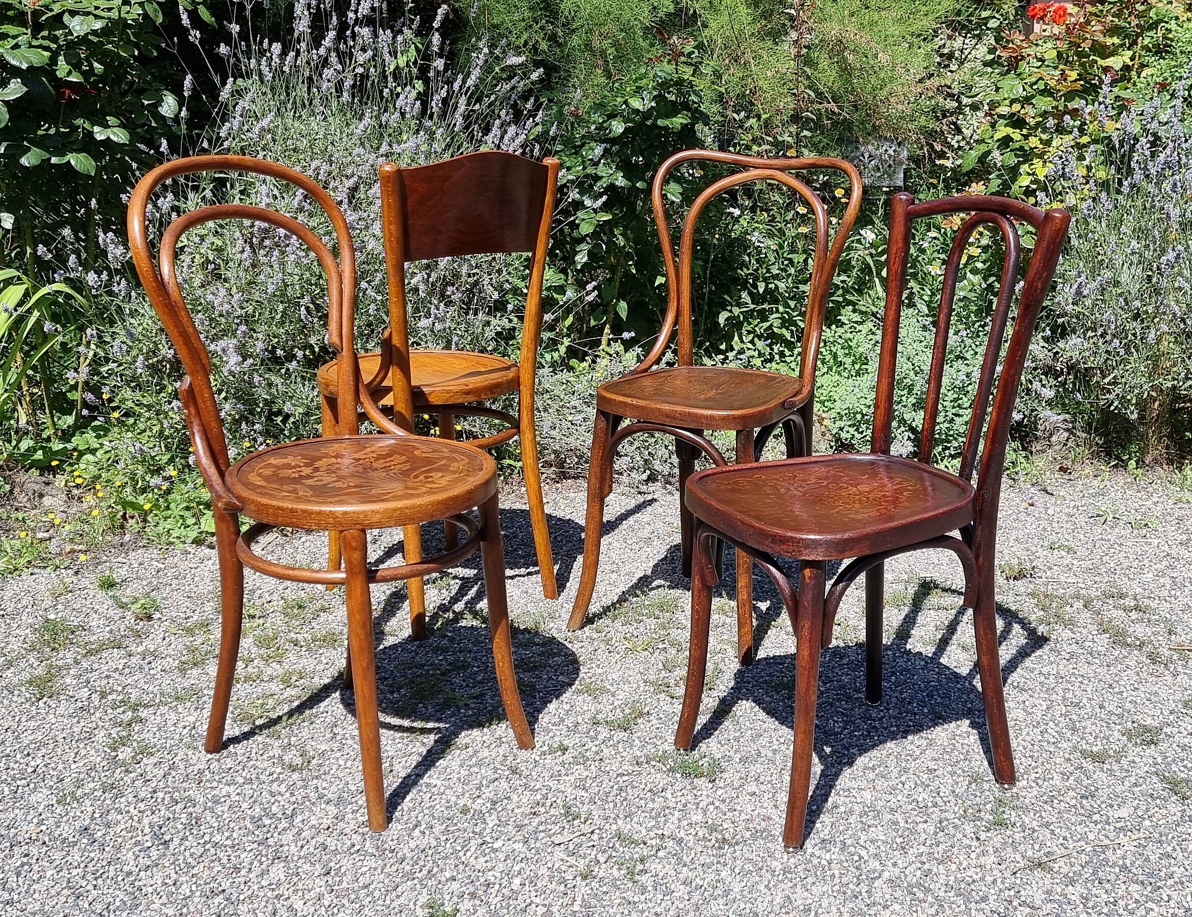 4 curved wooden bistro chairs early twentieth