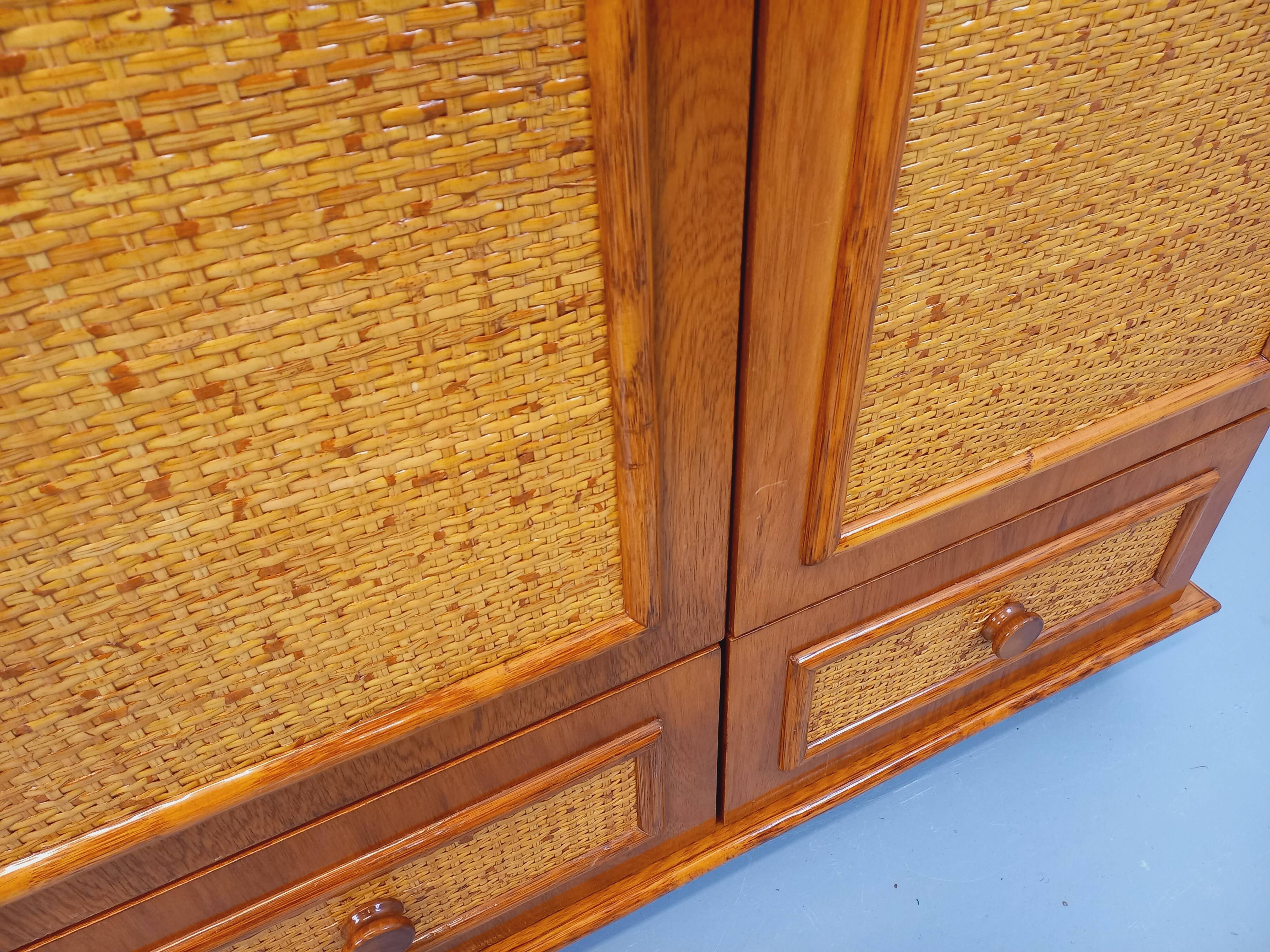 Vintage woven rattan and wood armoire by Maugrion for Roche-Bobois.