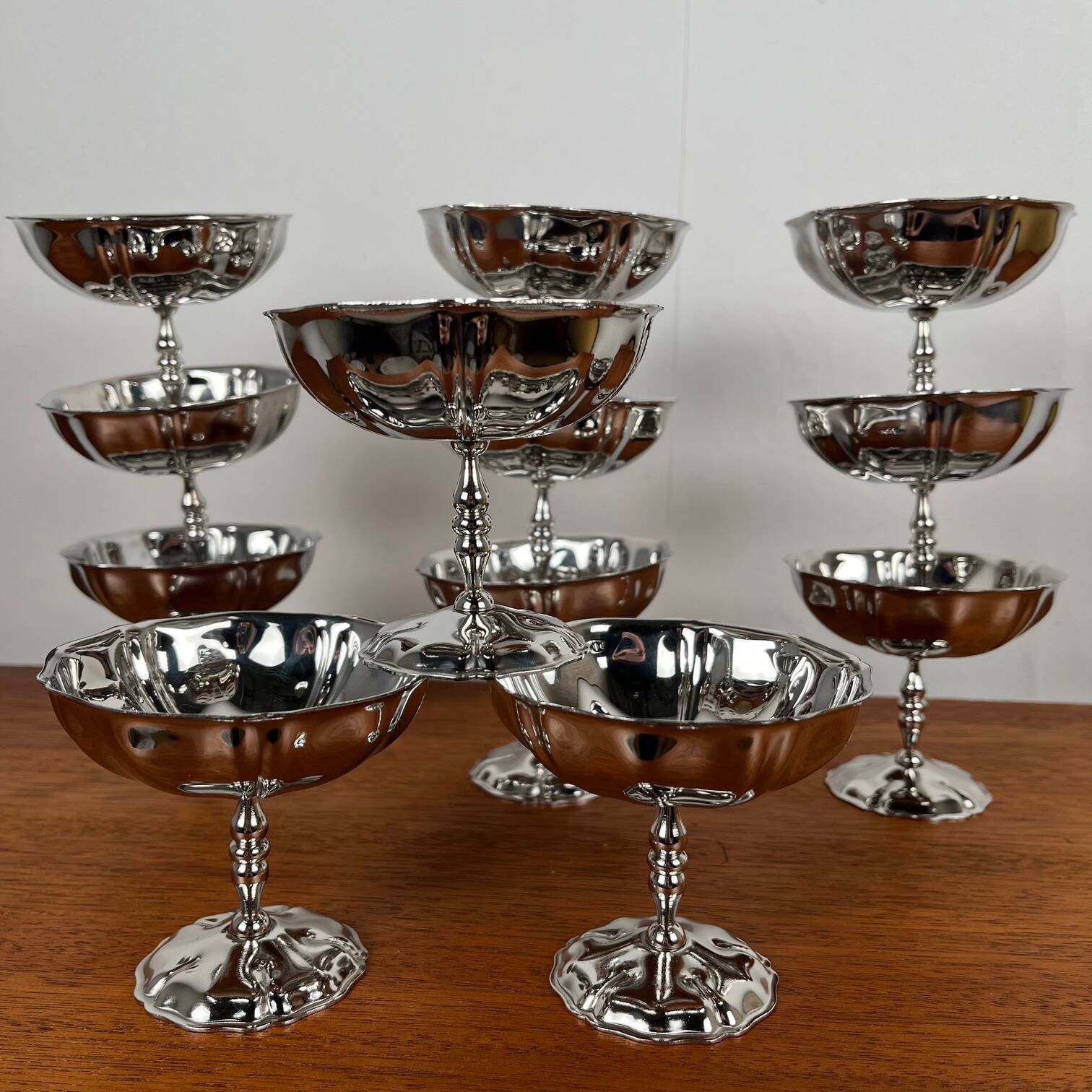 Set of 12 stainless steel ice cream cups, flower pattern, high foot