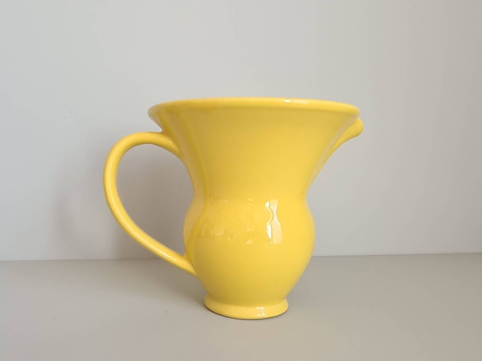 Modernist yellow ceramic pitcher / handmade / vintage / France / 1960s / mid-century / 20th century