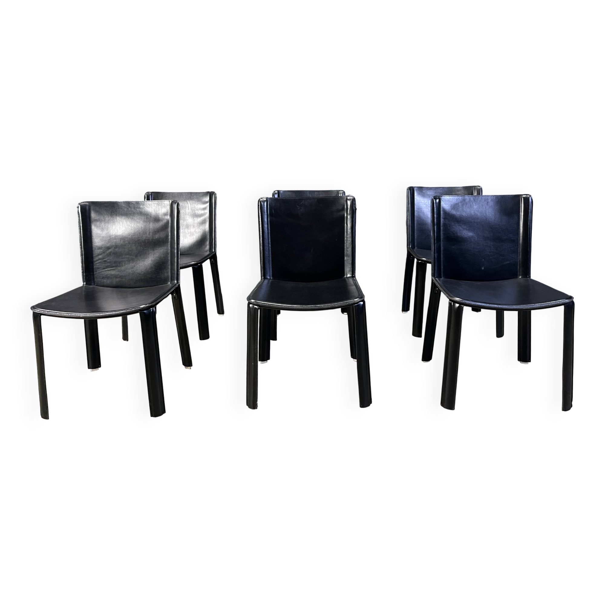 Vintage black leather dining chairs by Cidue, set of 6 - 1980s