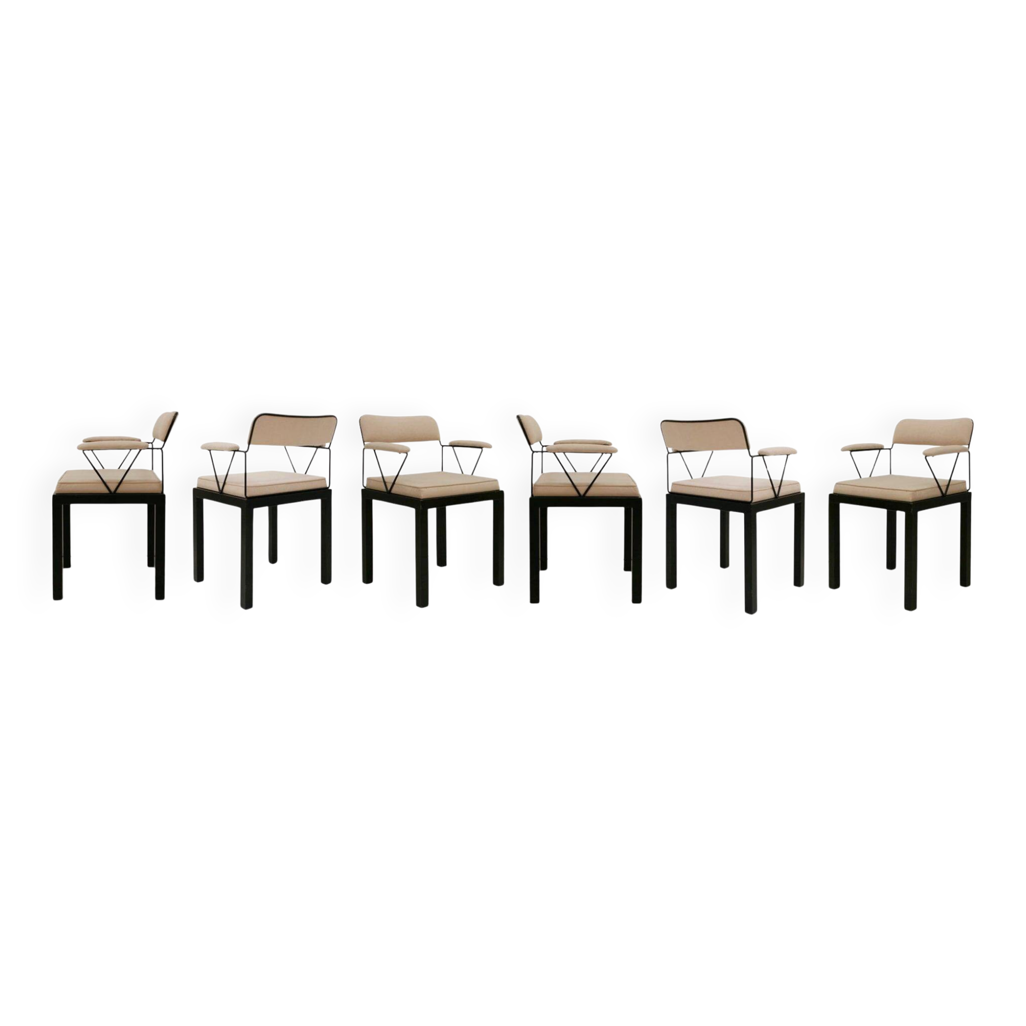 Mid Modern Ettore Sottsass Lodge Italian Black Metal and Wool Chairs, Set of Six