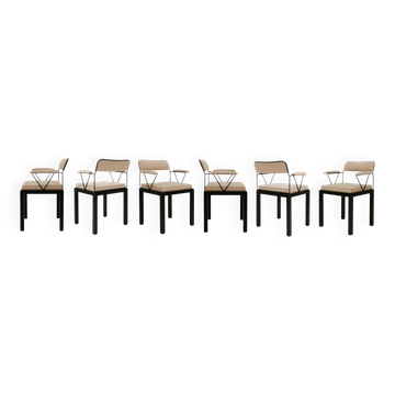 Mid Modern Ettore Sottsass Lodge Italian Black Metal and Wool Chairs, Set of Six