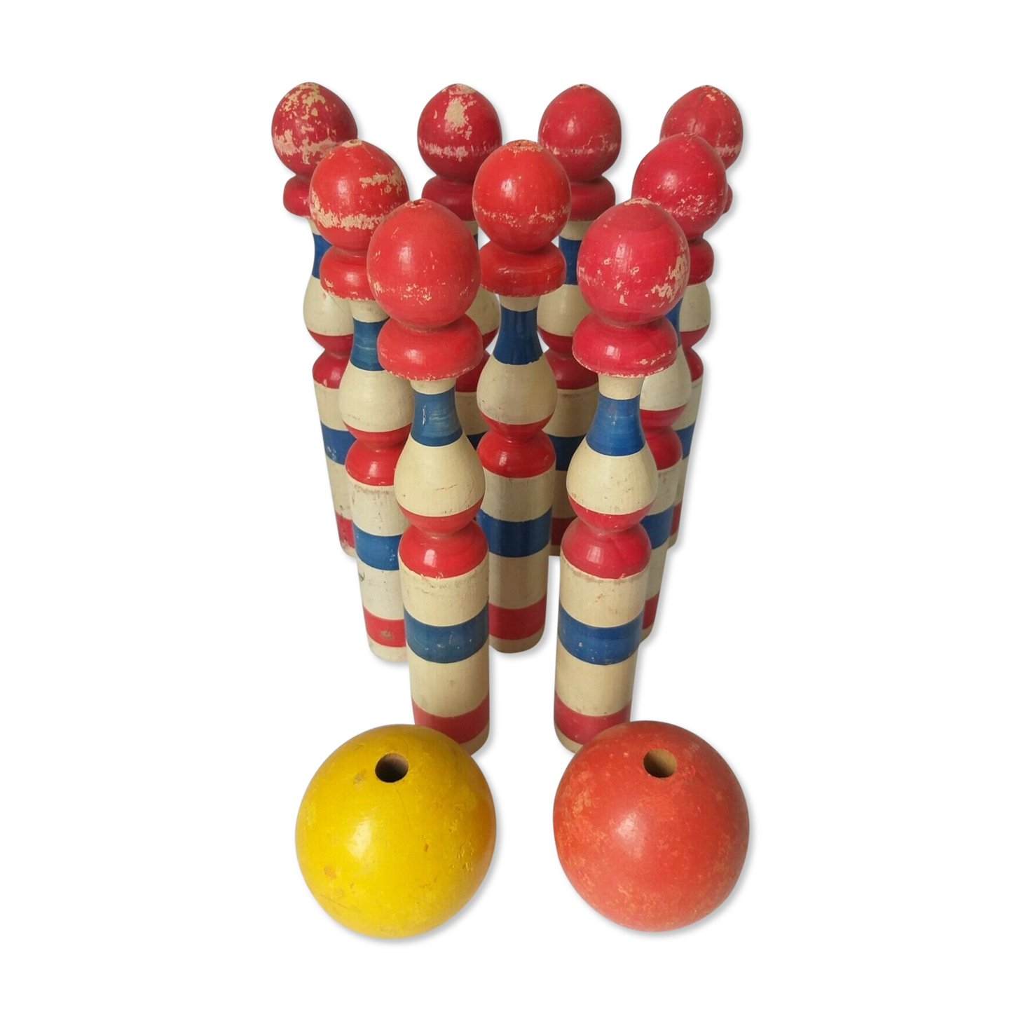 Bowling game 1920 art pop red blue white yellow 2 balls old toy