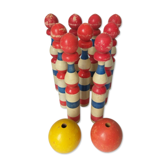 Bowling game 1920 art pop red blue white yellow 2 balls old toy