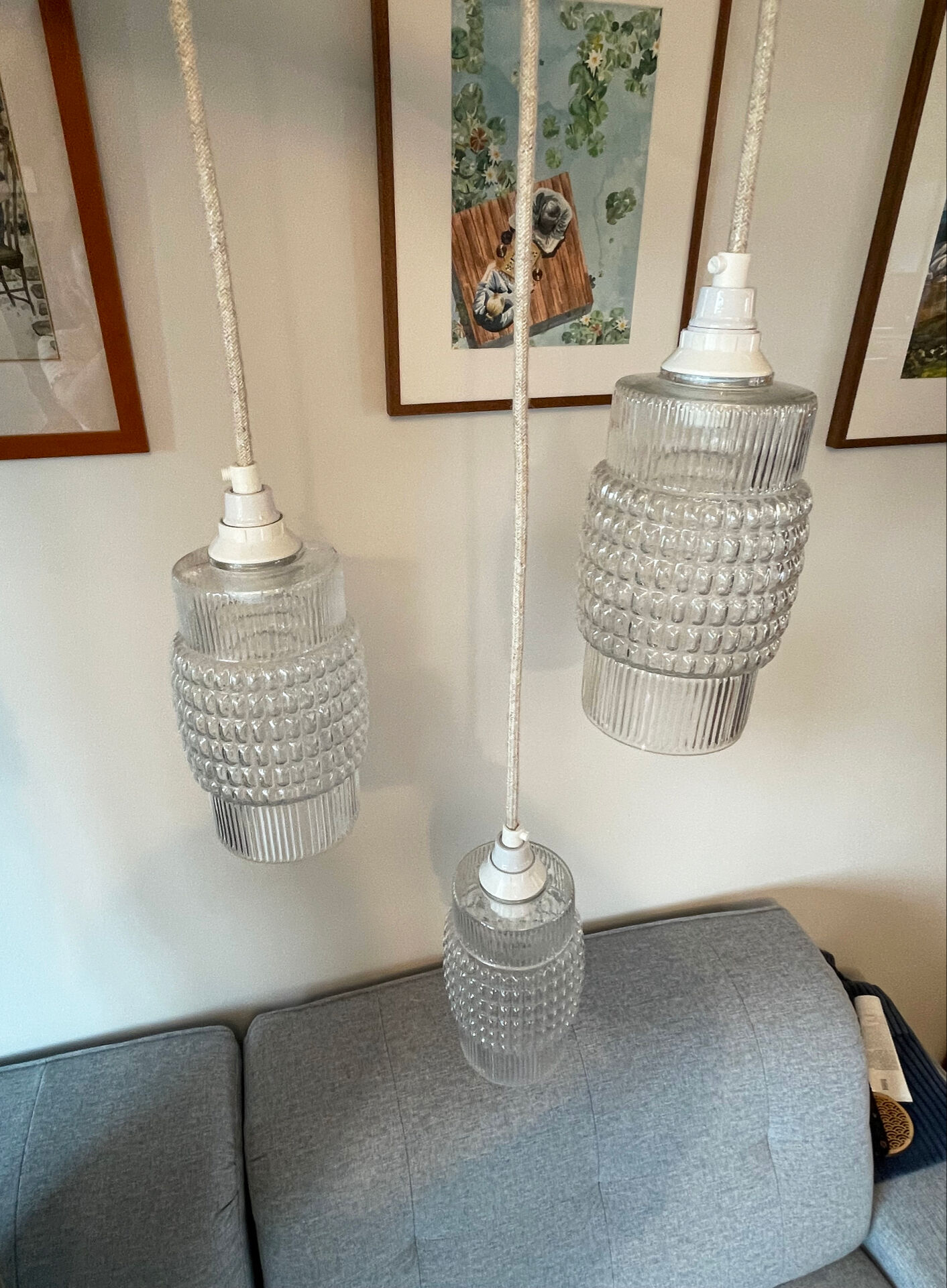Set of 3 Refurbished Textured Glass Pendant Lights 1970s – Mid-Century