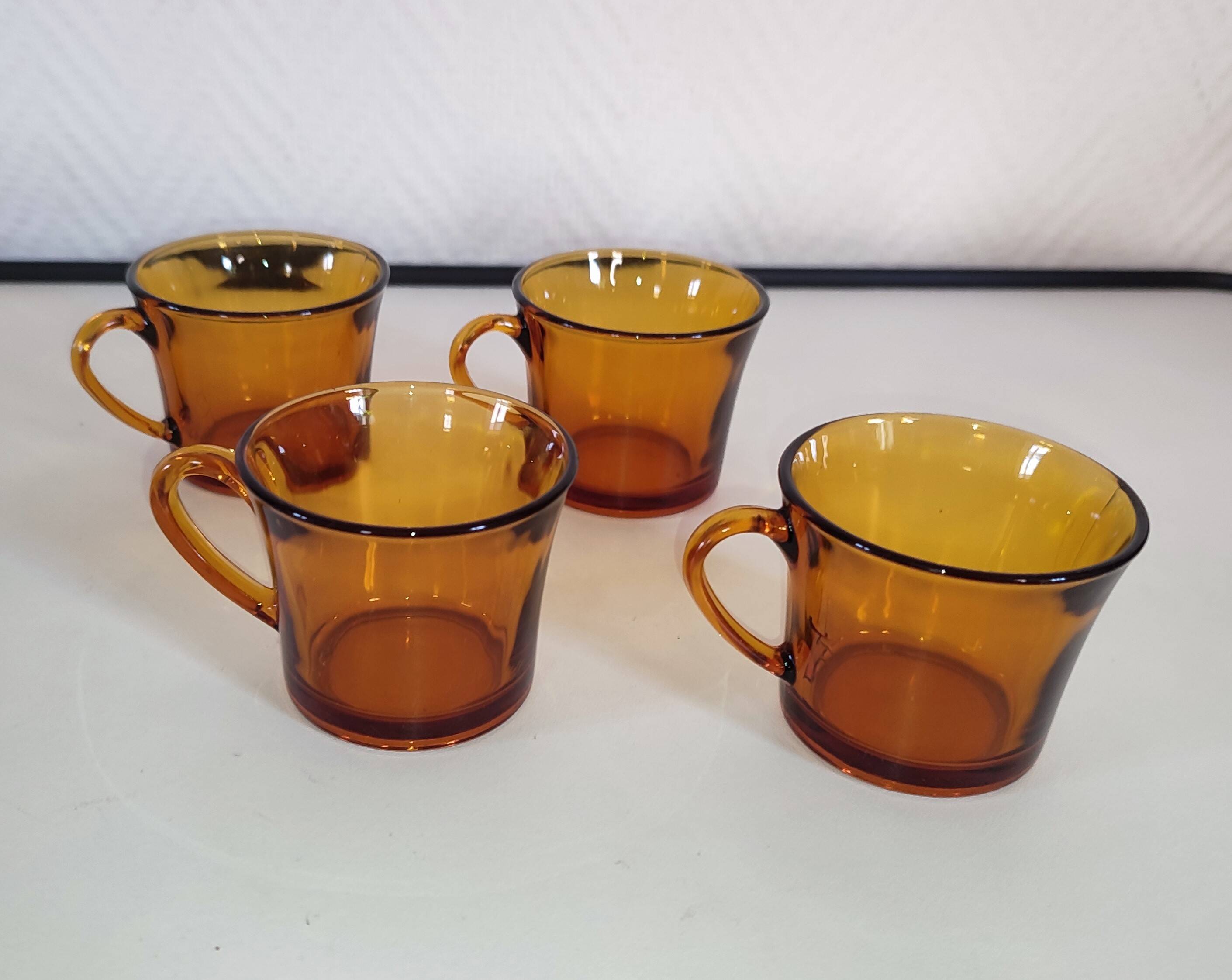 4 vintage Duralex amber glass coffee cups