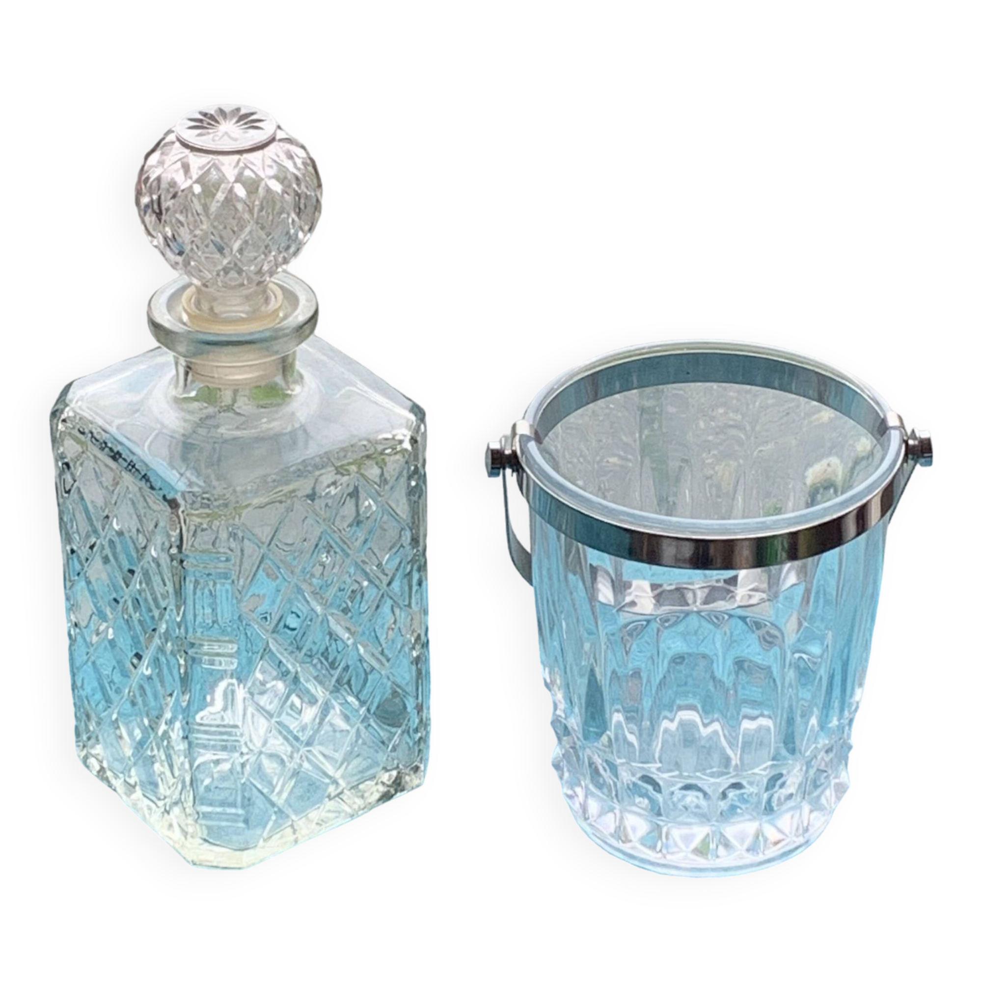 Whiskey carafe and ice bucket stamped crystal d'arques in vintage transparent glass