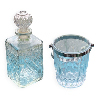 Whiskey carafe and ice bucket stamped crystal d'arques in vintage transparent glass